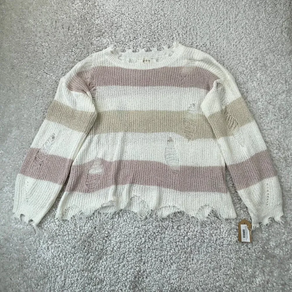 POL White Multi Stripe Distressed Sweater Womens Small NEW